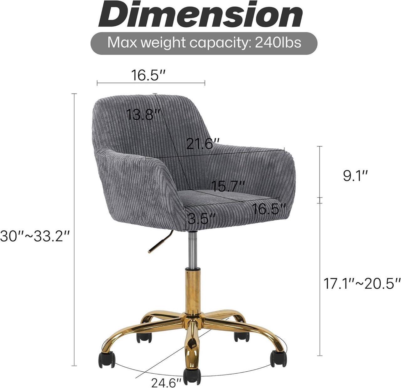 Alt view image 3 of 7 - Corduroy Fabric Vanity Makeup Desk Chair, Fluffy Swivel Modern Armchair with Wheels, Upholstered Fuzzy Height Adjustable for Girls Home Office, Gray