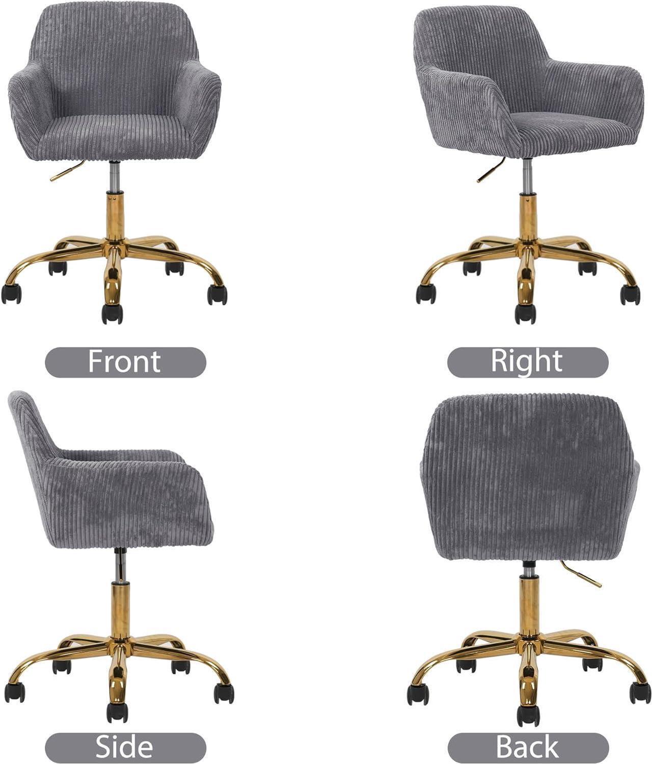 Alt view image 4 of 7 - Corduroy Fabric Vanity Makeup Desk Chair, Fluffy Swivel Modern Armchair with Wheels, Upholstered Fuzzy Height Adjustable for Girls Home Office, Gray
