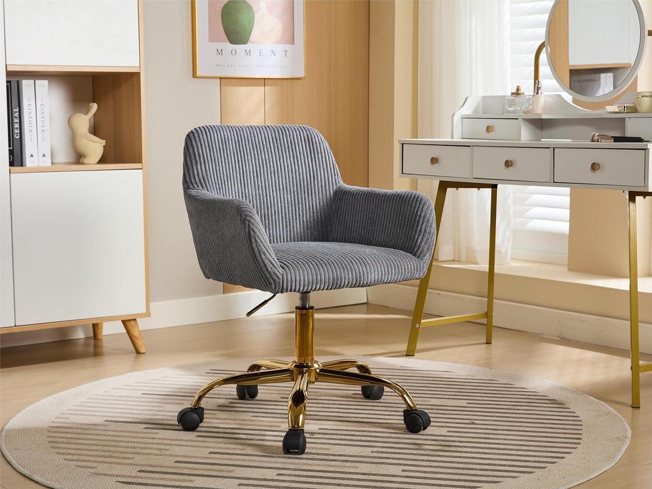 Main image of Corduroy Fabric Vanity Makeup Desk Chair, Fluffy Swivel Modern Armchair with Wheels, Upholstered Fuzzy Height Adjustable for Girls Home Office, Gray