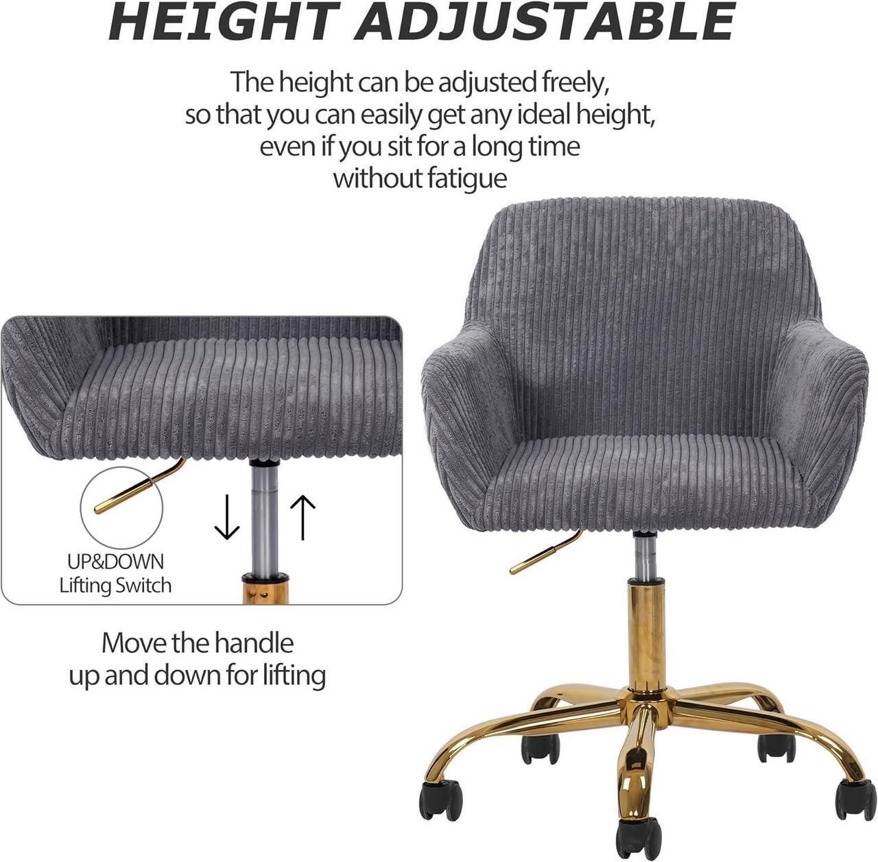 Alt view image 7 of 7 - Corduroy Fabric Vanity Makeup Desk Chair, Fluffy Swivel Modern Armchair with Wheels, Upholstered Fuzzy Height Adjustable for Girls Home Office, Gray