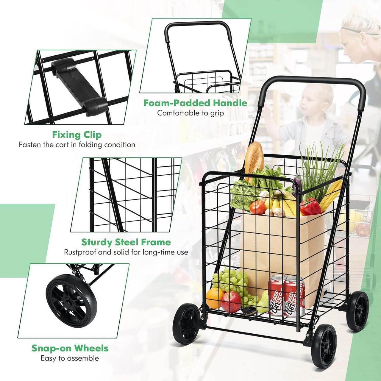 Alt view image 3 of 7 - Shopping Carts for Groceries, Heavy Duty Grocery Cart on Wheels Foldable, Portable Folding Shopping Cart with Wheels, Collapsible Versatile Rolling Utility Cart for Laundry (Black)