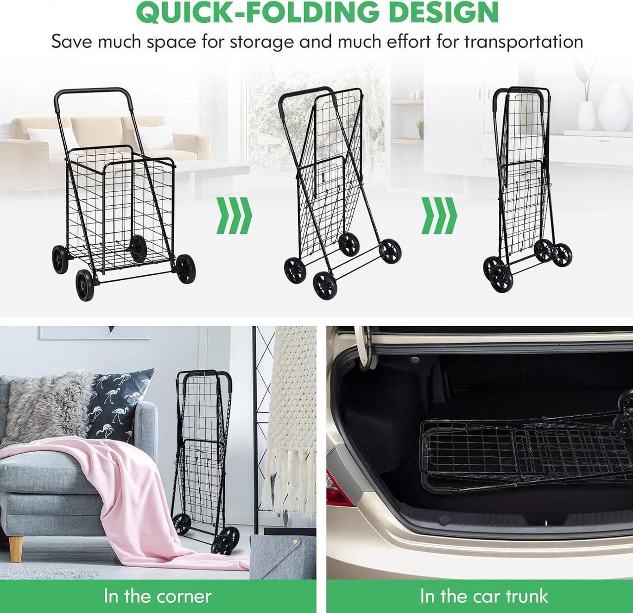 Alt view image 6 of 7 - Shopping Carts for Groceries, Heavy Duty Grocery Cart on Wheels Foldable, Portable Folding Shopping Cart with Wheels, Collapsible Versatile Rolling Utility Cart for Laundry (Black)