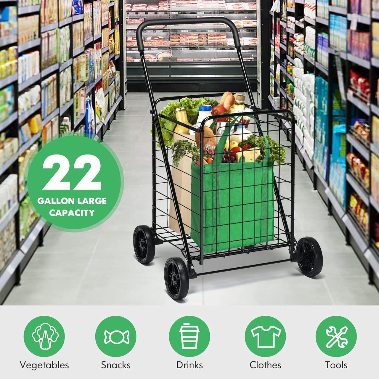 Alt view image 7 of 7 - Shopping Carts for Groceries, Heavy Duty Grocery Cart on Wheels Foldable, Portable Folding Shopping Cart with Wheels, Collapsible Versatile Rolling Utility Cart for Laundry (Black)