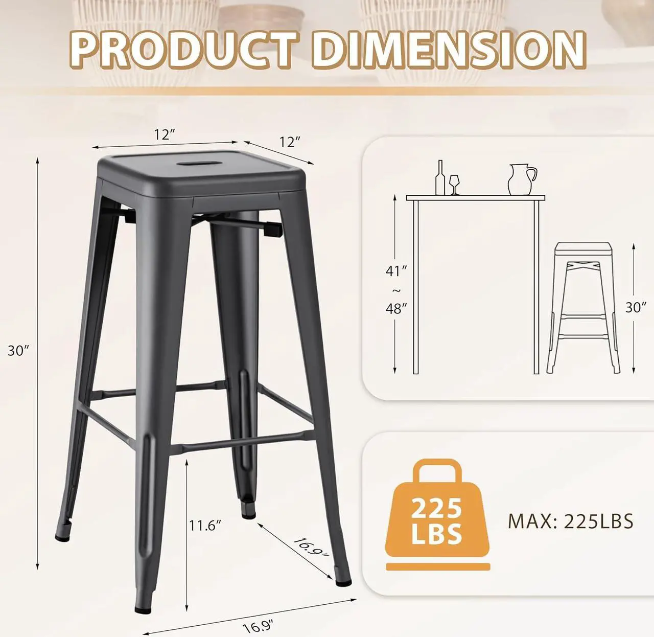 Alt view image 4 of 7 - 30 Inches Metal Bar Stools Bar Height High Backless Stools Indoor Outdoor Stackable Kitchen Stools Set of 4 (Gray)