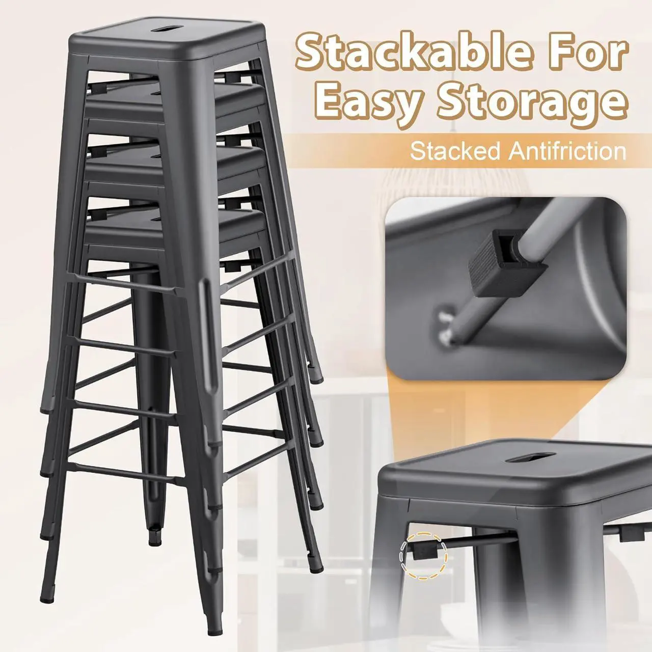 Alt view image 5 of 7 - 30 Inches Metal Bar Stools Bar Height High Backless Stools Indoor Outdoor Stackable Kitchen Stools Set of 4 (Gray)