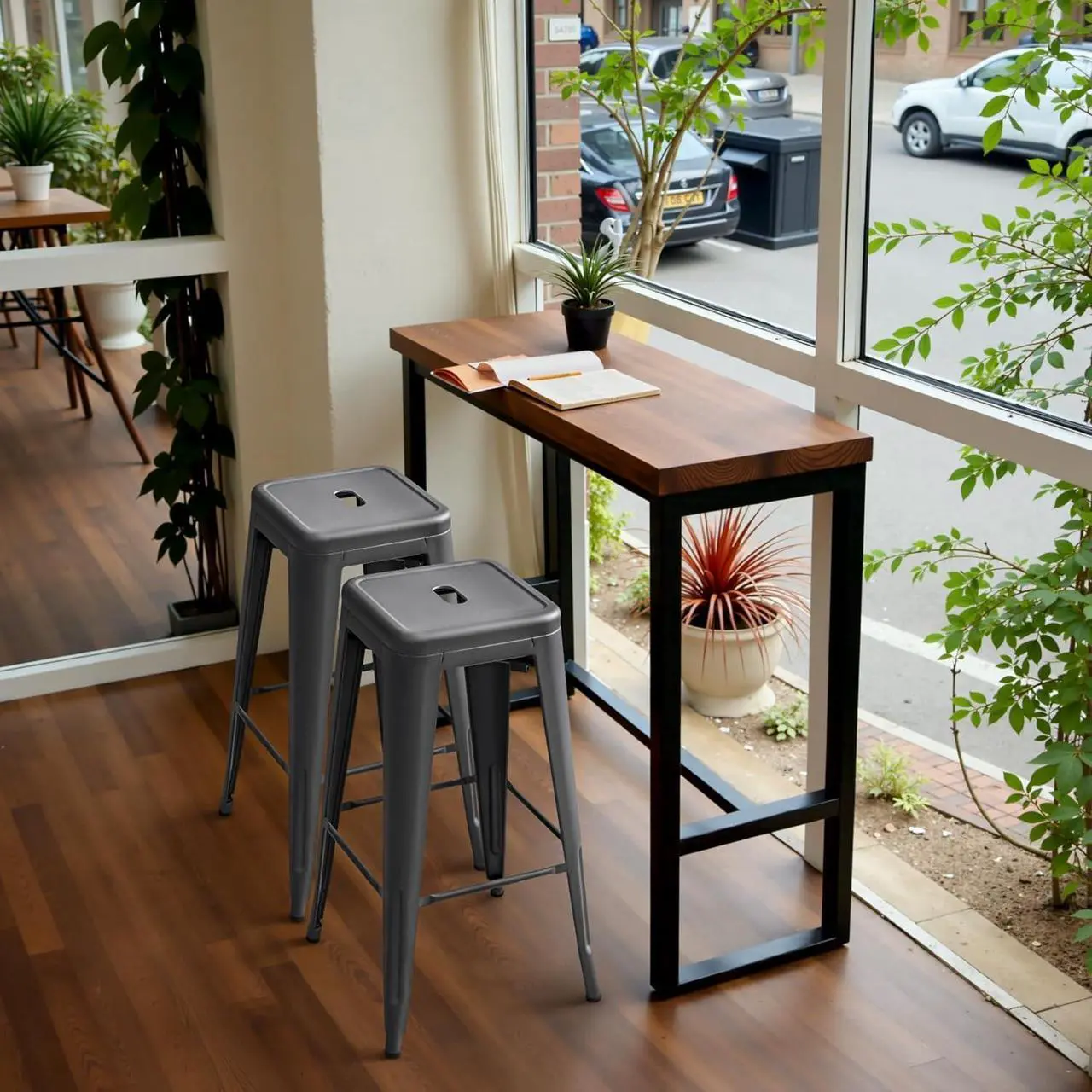 Alt view image 6 of 7 - 30 Inches Metal Bar Stools Bar Height High Backless Stools Indoor Outdoor Stackable Kitchen Stools Set of 4 (Gray)