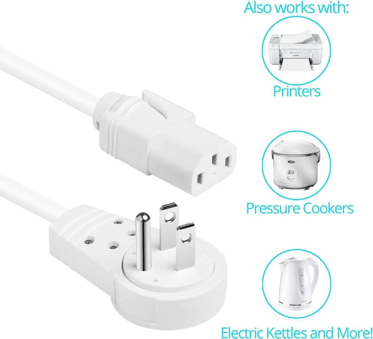 Alt view image 2 of 7 - Maximm Monitor Computer Power Cord 10 Ft Flat Plug 360° Rotating PC Cable 3 Prong for, Desktop, Printer, Scanner, 16 AWG NEMA 5-15P to IEC13 - UL Certified