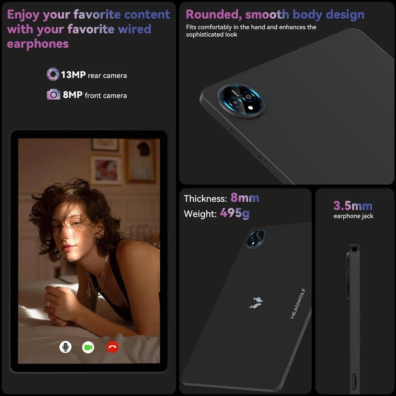 Alt view image 7 of 7 - Headwolf Wpad7 2025 Newest Android 15 Tablet, 8 Core 11 Inch FHD Incell 1920 * 1200 Display Tablets, Widevine L1, 6+6GB RAM 128GB ROM 1TB Expand, 8000mAh+GMS+Gaming Tablet, 8MP Front+13MP Rear, BT5.0