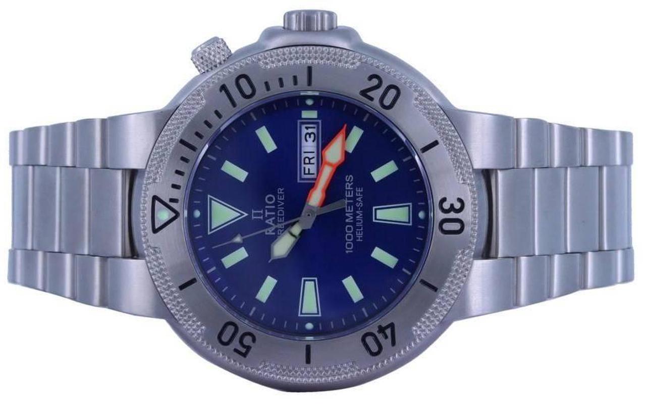 Alt view image 3 of 7 - Ratio FreeDiver Blue Dial Stainless Steel Quartz 1000 Meters Helium-Safe 1050HA93-12V-BLU Mens Watch