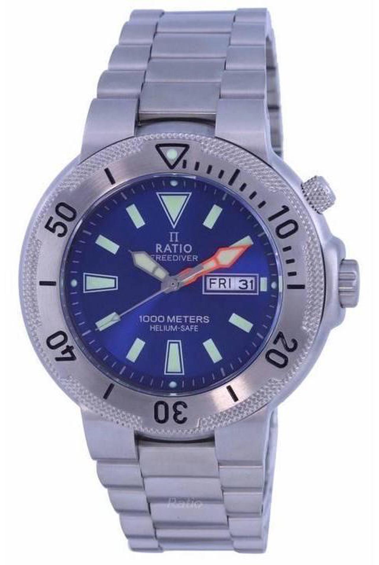 Main image of Ratio FreeDiver Blue Dial Stainless Steel Quartz 1000 Meters Helium-Safe 1050HA93-12V-BLU Mens Watch