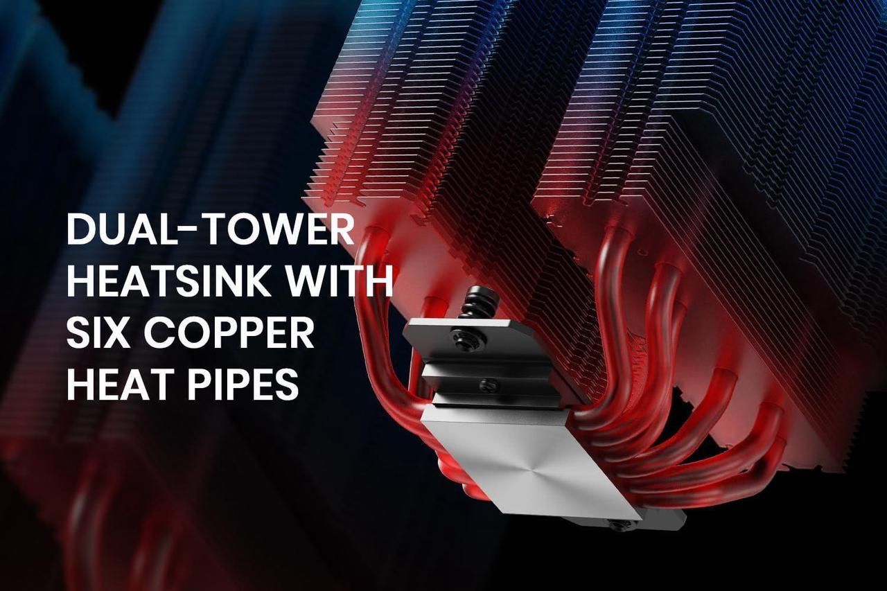 Alt view image 2 of 7 - ID-COOLING FROZN A620 Black - 6.1" Height Black Dual-Tower Air CPU Cooler, 6×6mm Heatpipes, Dual 120x120x25mm FDB Fans, TDP 270W, Intel LGA1700/1851/1200/115X; AMD AM4/AM5 (154mm in Height)