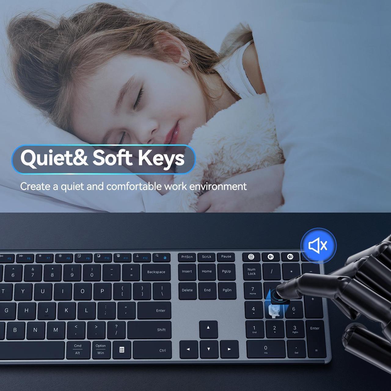 Alt view image 2 of 7 - AUSDOM Wireless Bluetooth Keyboard Full Size, Quiet Slim Multi-Device Rechargeable Cordless QWERTY Keyboard with Number Pad, Low Profile Silent Flat Universal Keyboard for Computer/Mac/Windows