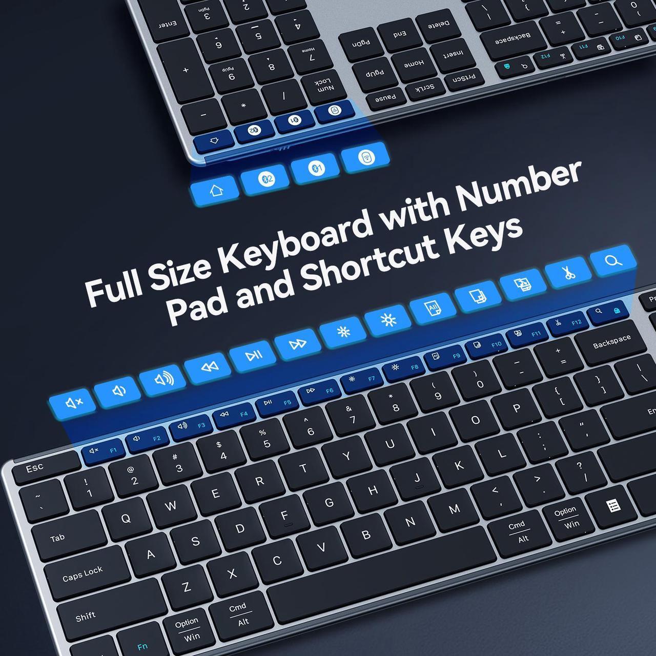 Alt view image 5 of 7 - AUSDOM Wireless Bluetooth Keyboard Full Size, Quiet Slim Multi-Device Rechargeable Cordless QWERTY Keyboard with Number Pad, Low Profile Silent Flat Universal Keyboard for Computer/Mac/Windows