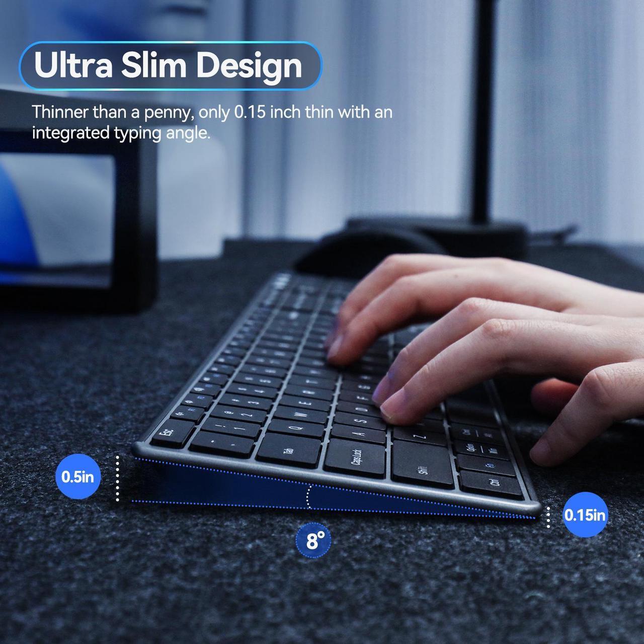 Alt view image 3 of 7 - AUSDOM Wireless Bluetooth Keyboard Full Size, Quiet Slim Multi-Device Rechargeable Cordless QWERTY Keyboard with Number Pad, Low Profile Silent Flat Universal Keyboard for Computer/Mac/Windows
