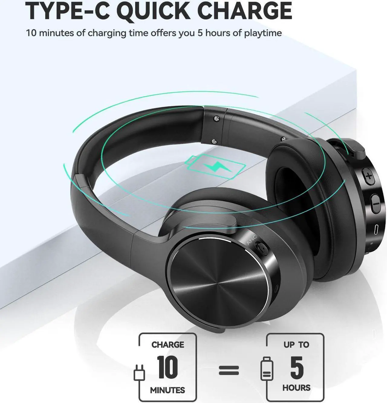 Alt view image 6 of 7 - AUSDOM E9 Active Noise Cancelling Headphones: Wireless Bluetooth Over Ear Foldable Headphones with 60Hrs Playtime, aptX HD & Low Latency, Comfortable Earpads, Deep Bass for Travel Work Cellphones