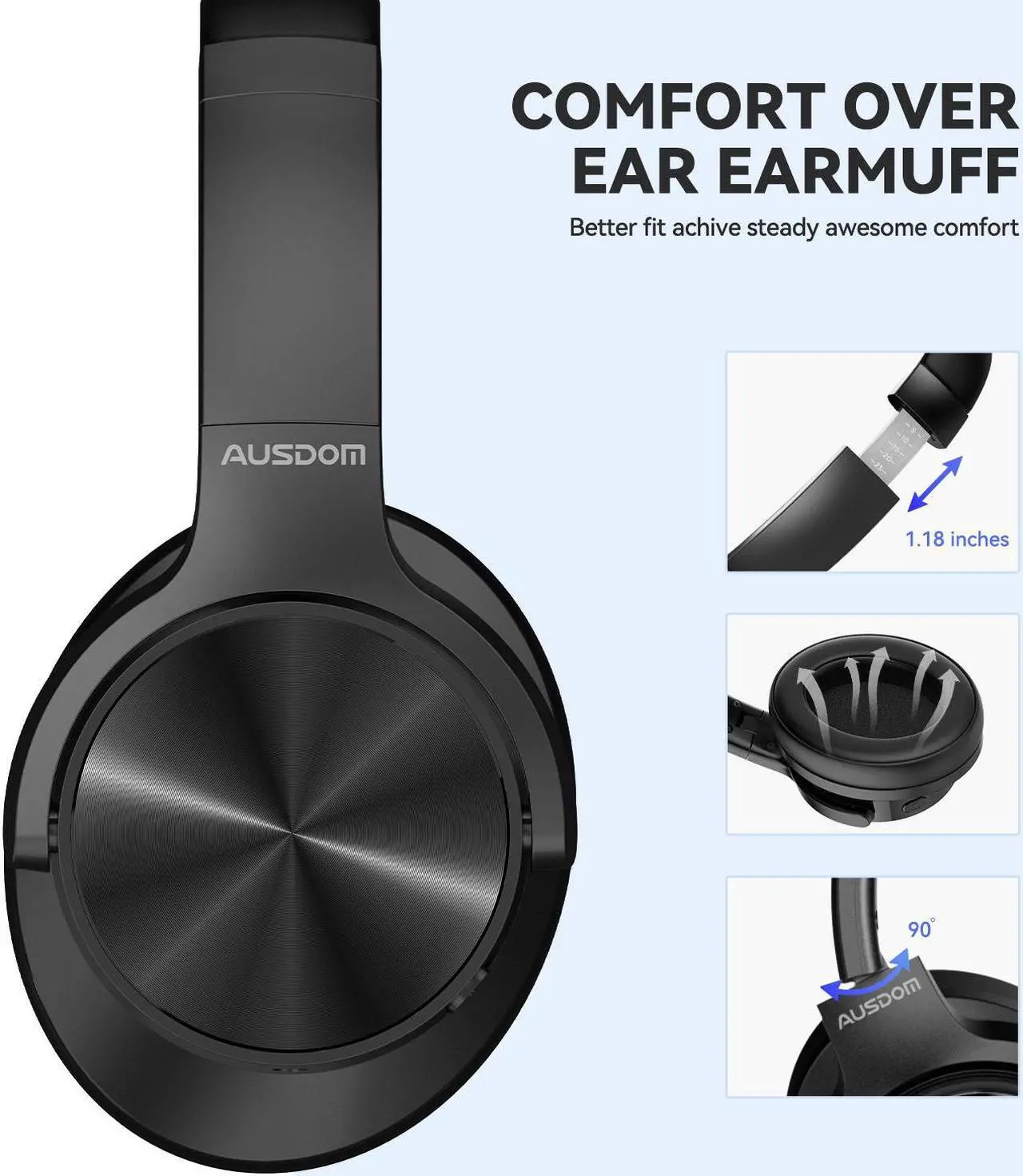 Alt view image 7 of 7 - AUSDOM E9 Active Noise Cancelling Headphones: Wireless Bluetooth Over Ear Foldable Headphones with 60Hrs Playtime, aptX HD & Low Latency, Comfortable Earpads, Deep Bass for Travel Work Cellphones
