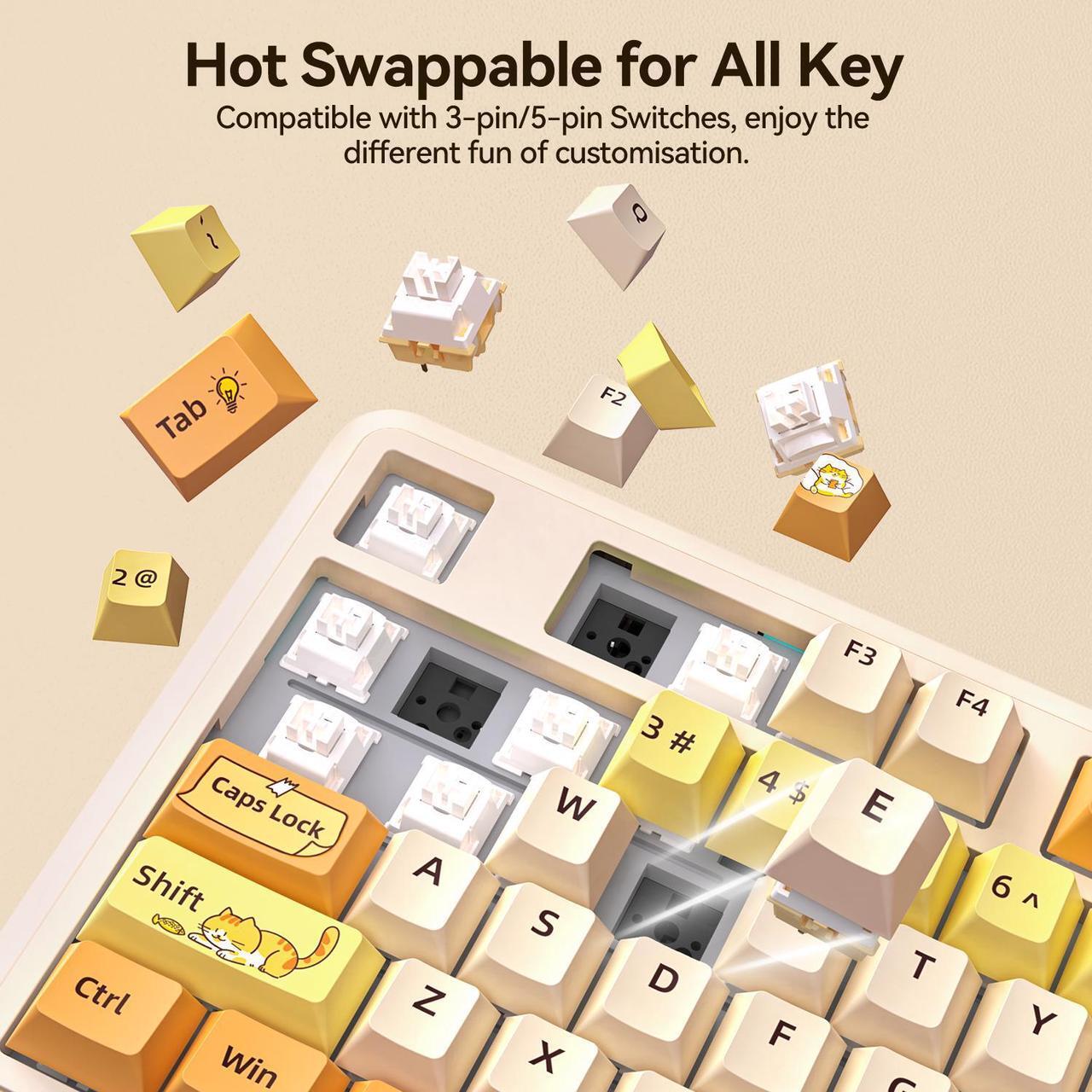 Alt view image 3 of 7 - AUSDOM 98Pro Wireless Mechanical Keyboard,Hot Swappable Custom Keyboard with Gasket Structure,Pre-lubed Linear Switches,2.4GHz/Type-C/Bluetooth Mechanical Keyboard with Backlit(Yellow Cat Theme)