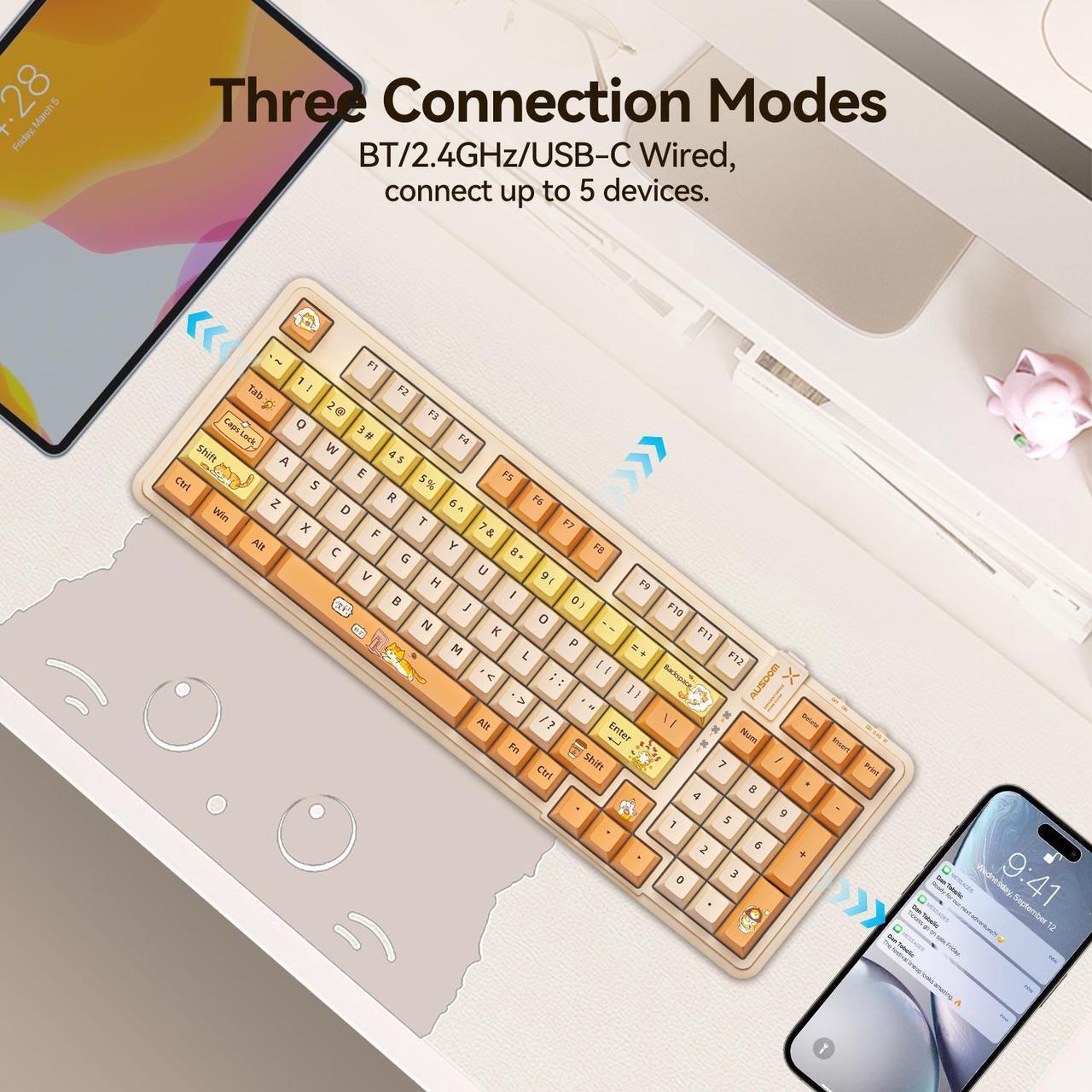 Alt view image 2 of 7 - AUSDOM 98Pro Wireless Mechanical Keyboard,Hot Swappable Custom Keyboard with Gasket Structure,Pre-lubed Linear Switches,2.4GHz/Type-C/Bluetooth Mechanical Keyboard with Backlit(Yellow Cat Theme)