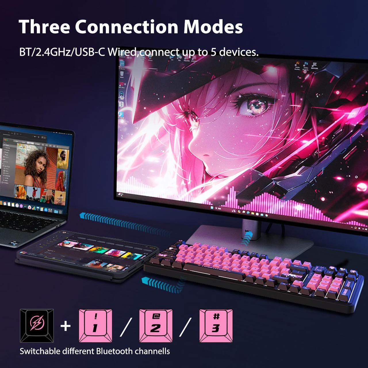 Alt view image 2 of 7 - AUSDOM 98Pro Wireless Mechanical Keyboard, Tri-Mode Bluetooth/2.4GHz/Type-C Gasket Hot Swappable Custom Keyboard,Pre-lubed Linear,Backlit Gaming Keyboard for PC(Manga Girl Theme)