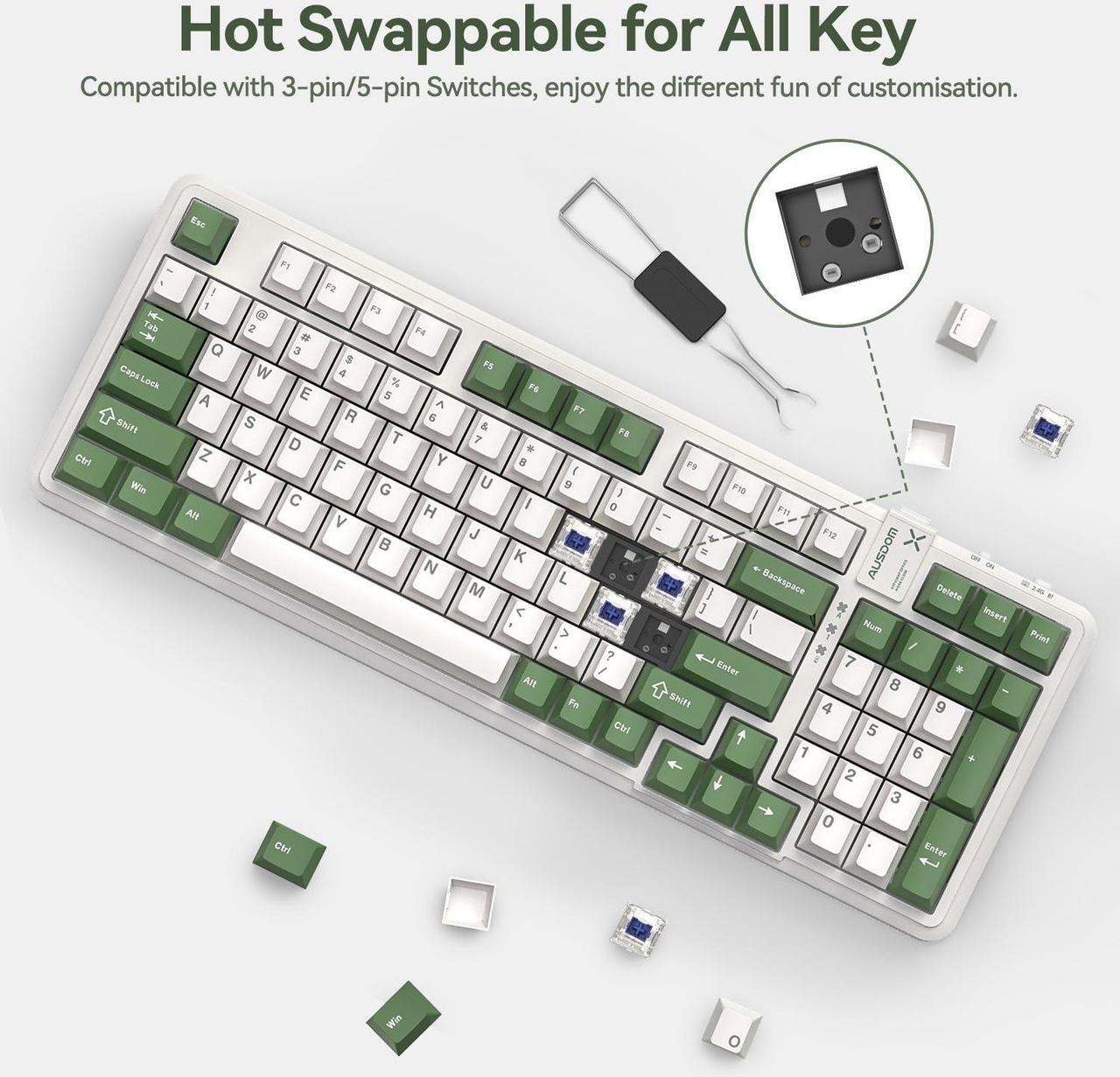 Alt view image 4 of 7 - AUSDOM 98Pro Silent Mechanical Keyboard,Wireless Hot Swappable Silent Keyboard with Backlit,Gasket Structure,Pre-lubed Tactile Switches,2.4GHz/Type-C/Bluetooth Custom Keyboard(Green & White-Silent)