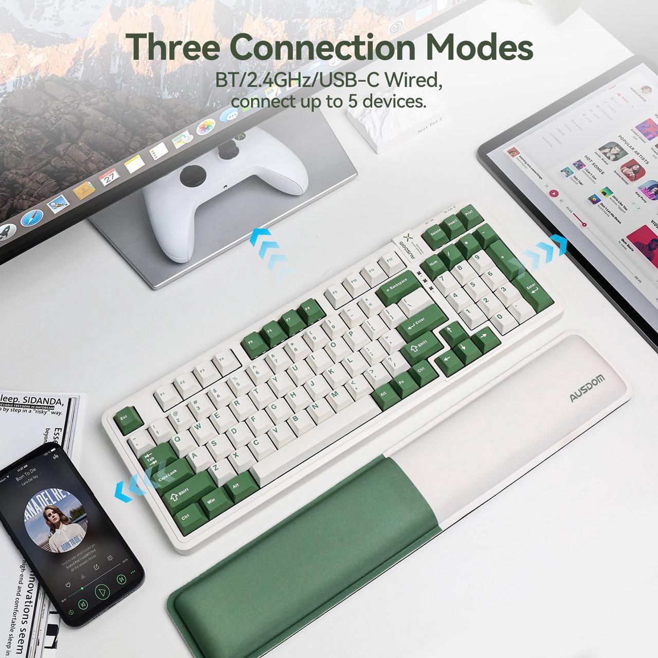 Alt view image 2 of 7 - AUSDOM 98Pro Silent Mechanical Keyboard,Wireless Hot Swappable Silent Keyboard with Backlit,Gasket Structure,Pre-lubed Tactile Switches,2.4GHz/Type-C/Bluetooth Custom Keyboard(Green & White-Silent)