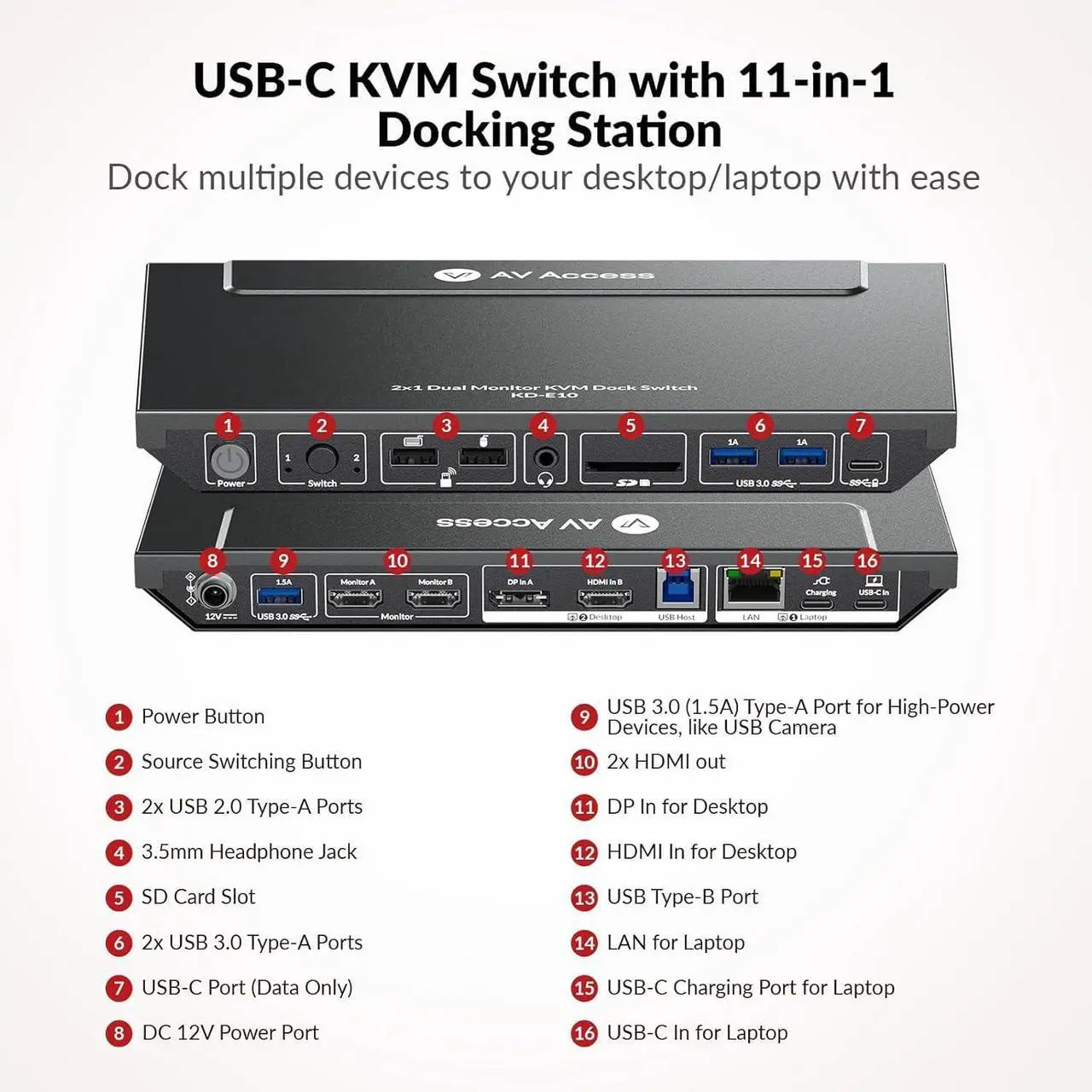 Alt view image 2 of 7 - AV Access KVM Switch Docking Station for 2 Monitors 2 Computers, 4K KVM Switch Dual Monitor for Laptop & Desktop, EDID, 1G Ethernet, 100W USB-C Charging, 3X USB 3.0, for Home Office & Gaming(KD-E10)