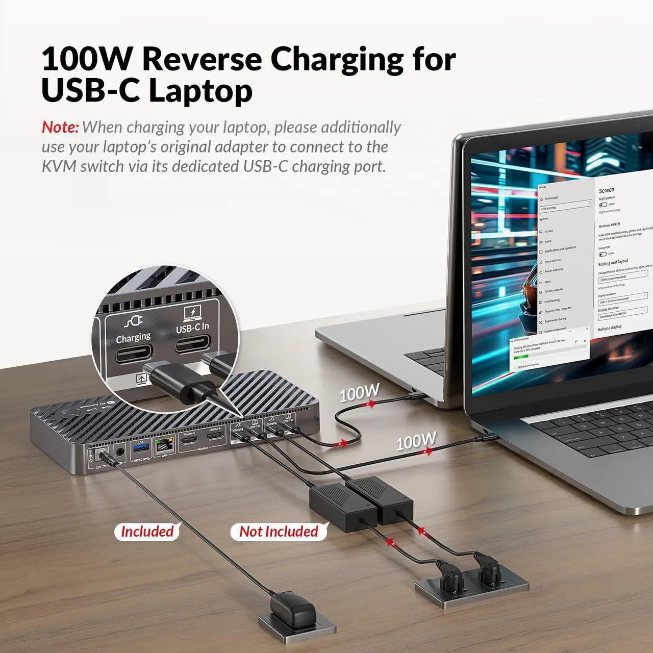 Alt view image 5 of 7 - AV Access Docking Station KVM Switch 2 Monitors 2 Laptops, 4K KVM Switch Dual Monitor, 100W PD for Each PC, 1G Ethernet, EDID Emulation, Ideal for Home Office & Gaming(KD-E20)