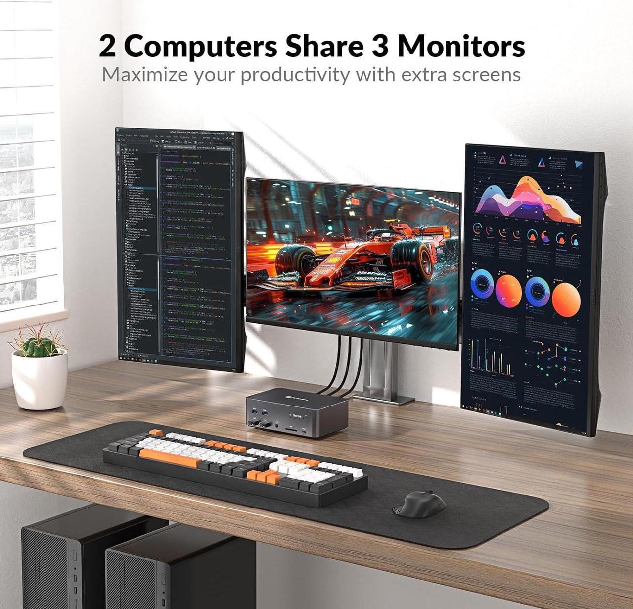 Alt view image 2 of 7 - v AV Access iDock D23 8K KVM Switch Docking Station for 2 Computers PCs & 3 Monitors, DisplayPort 2.0, 1G Ethernet, USB 3.0, 165/144/120Hz for Gaming