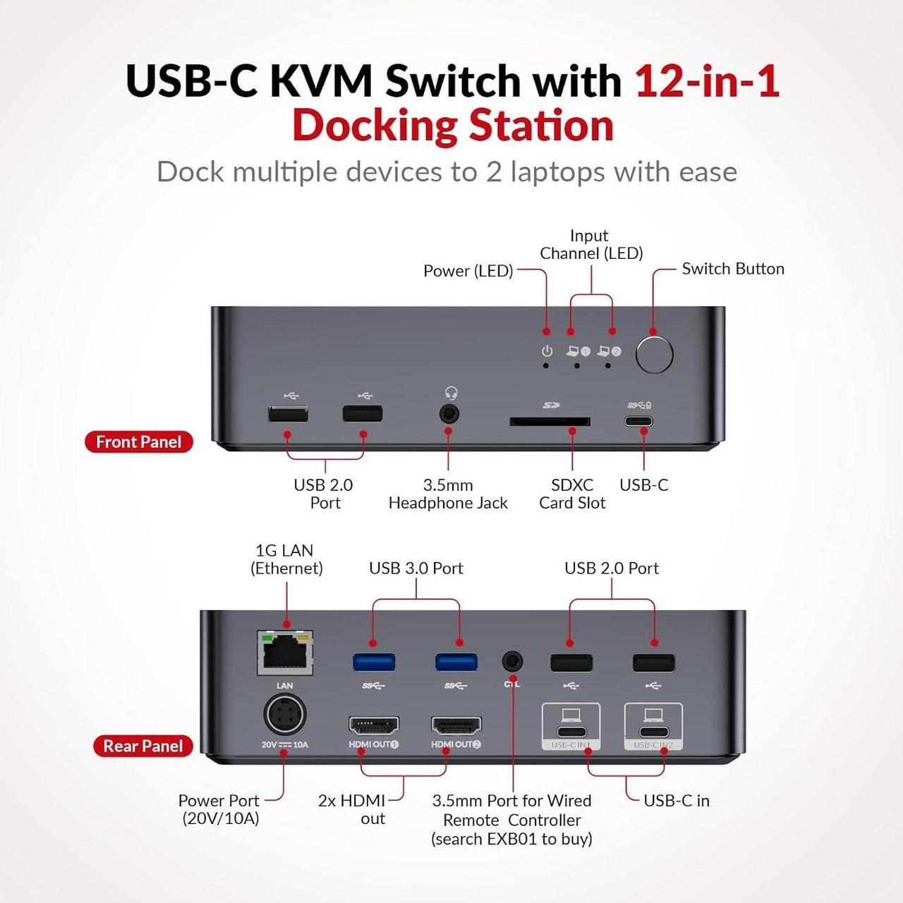 Alt view image 2 of 7 - v AV Access iDock C20 USB-C KVM Switch Docking Station for 2 Laptops, 4K Dual Monitor, EDID Emulation, 1G Ethernet