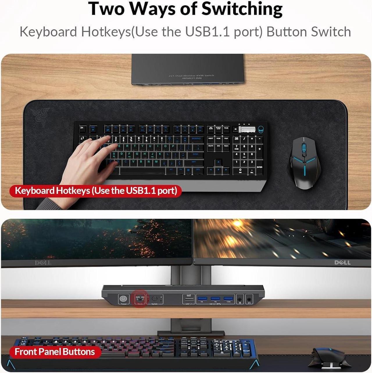 Alt view image 4 of 7 - v AV Access KVM Switch Dual Monitor 4K@60Hz, 2K@144Hz, 1080P@240Hz, USB 3.0 KVM Switch 2 Monitors 2 Computers, Ultrawide Screen PC Keyboard Mouse Switcher, Hotkey Switch