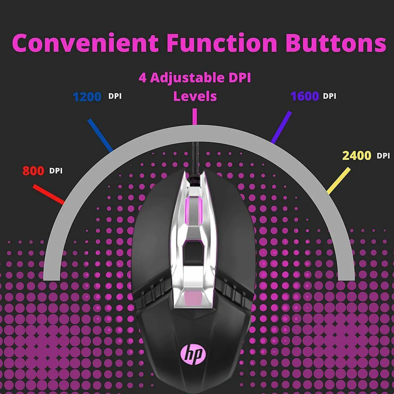 Alt view image 4 of 7 - HP M270 Gaming Mouse, 4 DPI settings, 6 buttons, Optical sensor, USB wired, LED lightning, Ergonomic design, USB wired, (BLACK/GUN METAL)