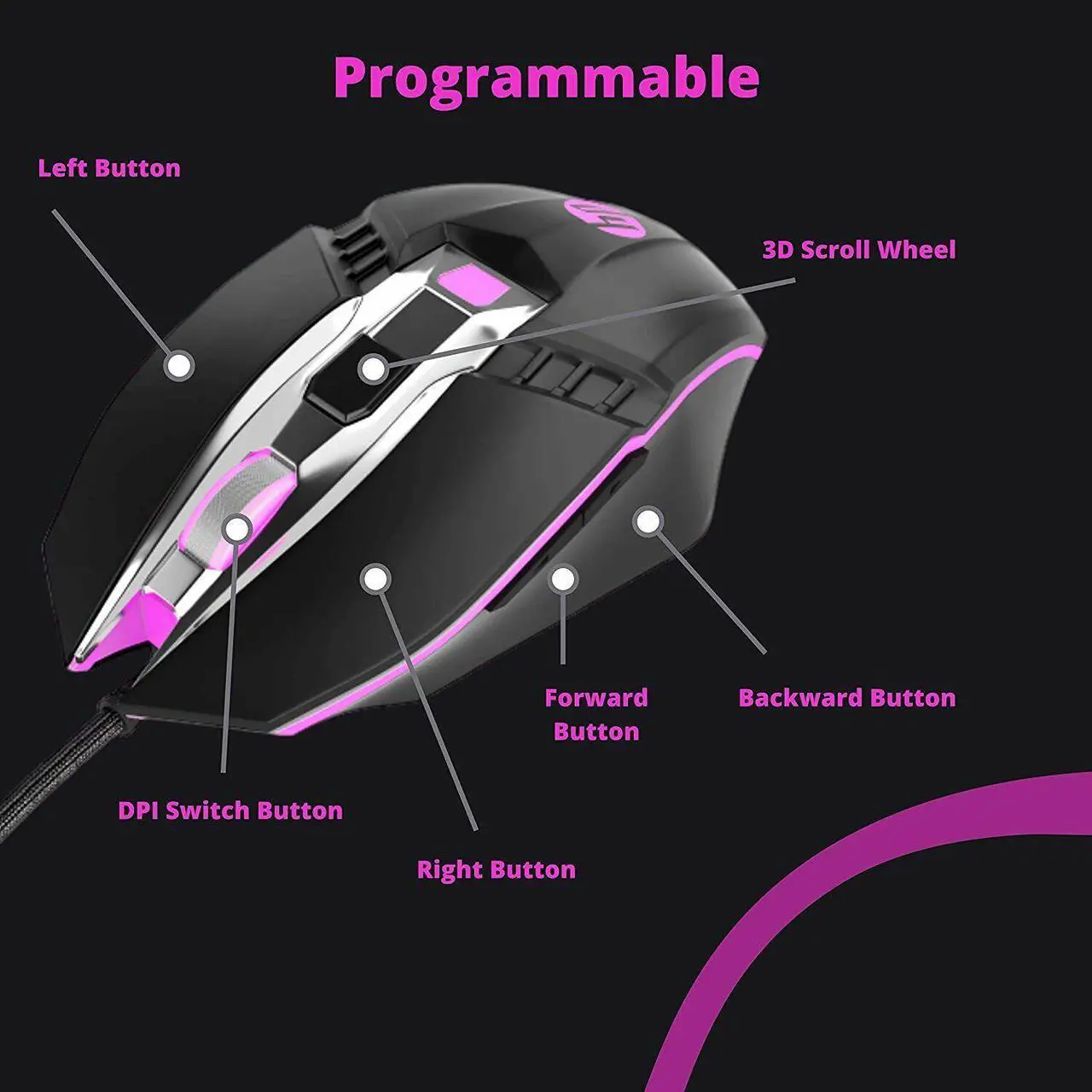 Alt view image 5 of 7 - HP M270 Gaming Mouse, 4 DPI settings, 6 buttons, Optical sensor, USB wired, LED lightning, Ergonomic design, USB wired, (BLACK/GUN METAL)