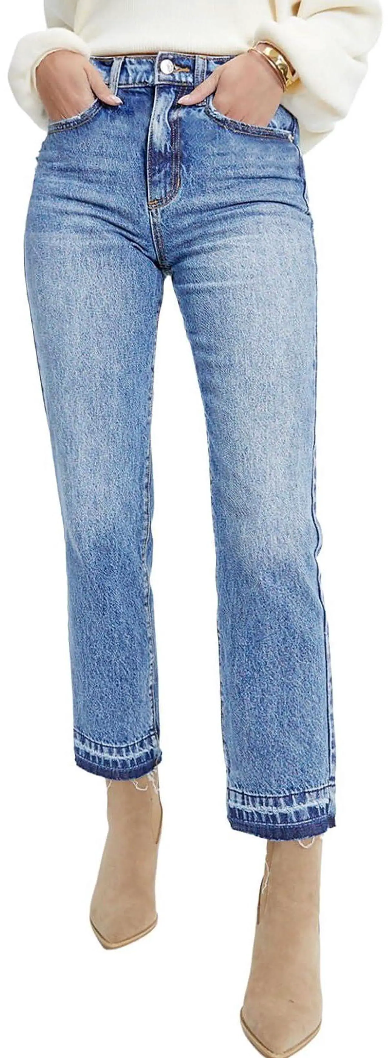 Main image of Astylish Women's Casual Straight Leg Ankle Jeans High Waisted Denim Pants Sky Blue