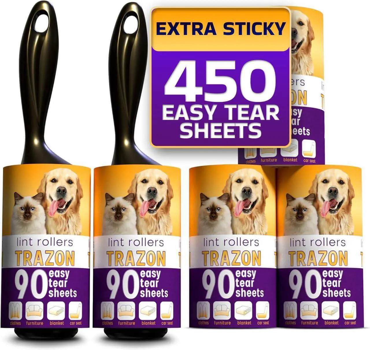Main image of Lint Rollers Pet Hair Value Pack of 450 Sheets / 5 Refills, Sticky Roller Pet Hair, Lint Remover Dog Hair, Cat Hair, Fuzz, Animal Fur, Large Lint Removal Roller Clothe, Couch, Furniture. Stick Roller