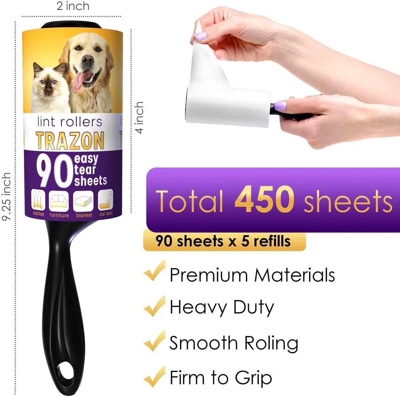 Alt view image 2 of 7 - Lint Rollers Pet Hair Value Pack of 450 Sheets / 5 Refills, Sticky Roller Pet Hair, Lint Remover Dog Hair, Cat Hair, Fuzz, Animal Fur, Large Lint Removal Roller Clothe, Couch, Furniture. Stick Roller