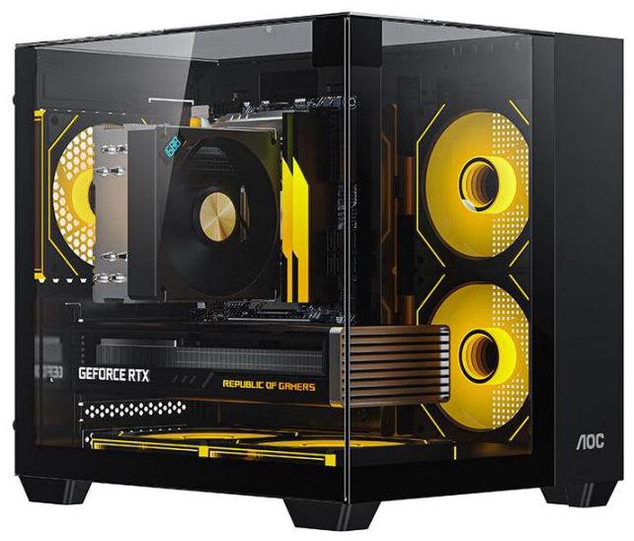 Main image of YEAH MAGIC Gaming computer sea view room three sides glass, no column, support MATX, With 3 RGB fans, 3D panoramic view, left and right compartments Gaming desktop Case,Black