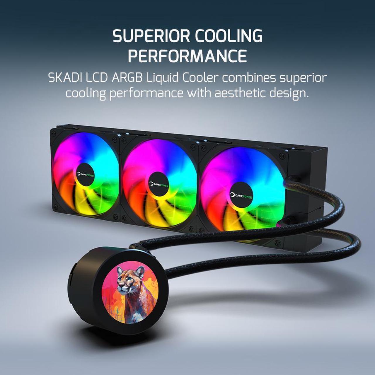 Alt view image 2 of 7 - Gamepower Skadi LCD 360 AIO CPU Liquid Cooler, 2.1" Display for GIFs and Metrics, 360mm Radiator with 3X PWM ARGB HDB Fans, 14.5 W/mK thermal paste, Compatible with Intel LGA 1851, 1700, AMD AM4/AM5