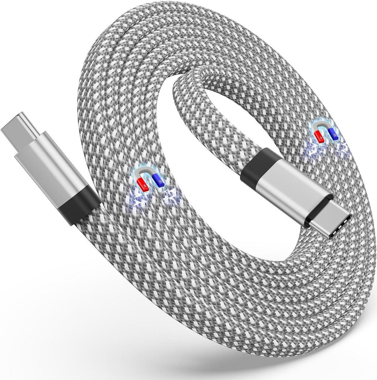 Magtame USB C Cable, Magnetic USB C to USB C Cable 60W(3A), Flat Coiled USB C Charger Cable, Nylon Braided Type C Fast Charging Cord Compatible for Samsung Galaxy, iPad, USB C Device Silver 5 ft.