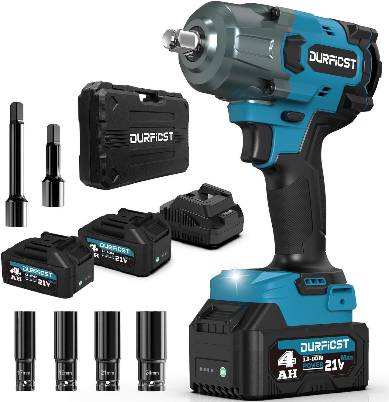 DURFICST 1000N.m (740ft-lbs) Cordless Impact Wrench, 1/2" High Torque Impact Wrench with 2x 4.0AH Battery, Quick Charger, 4 Sockets & 2 Extension Rods, for Car and Home Impact Wrenches