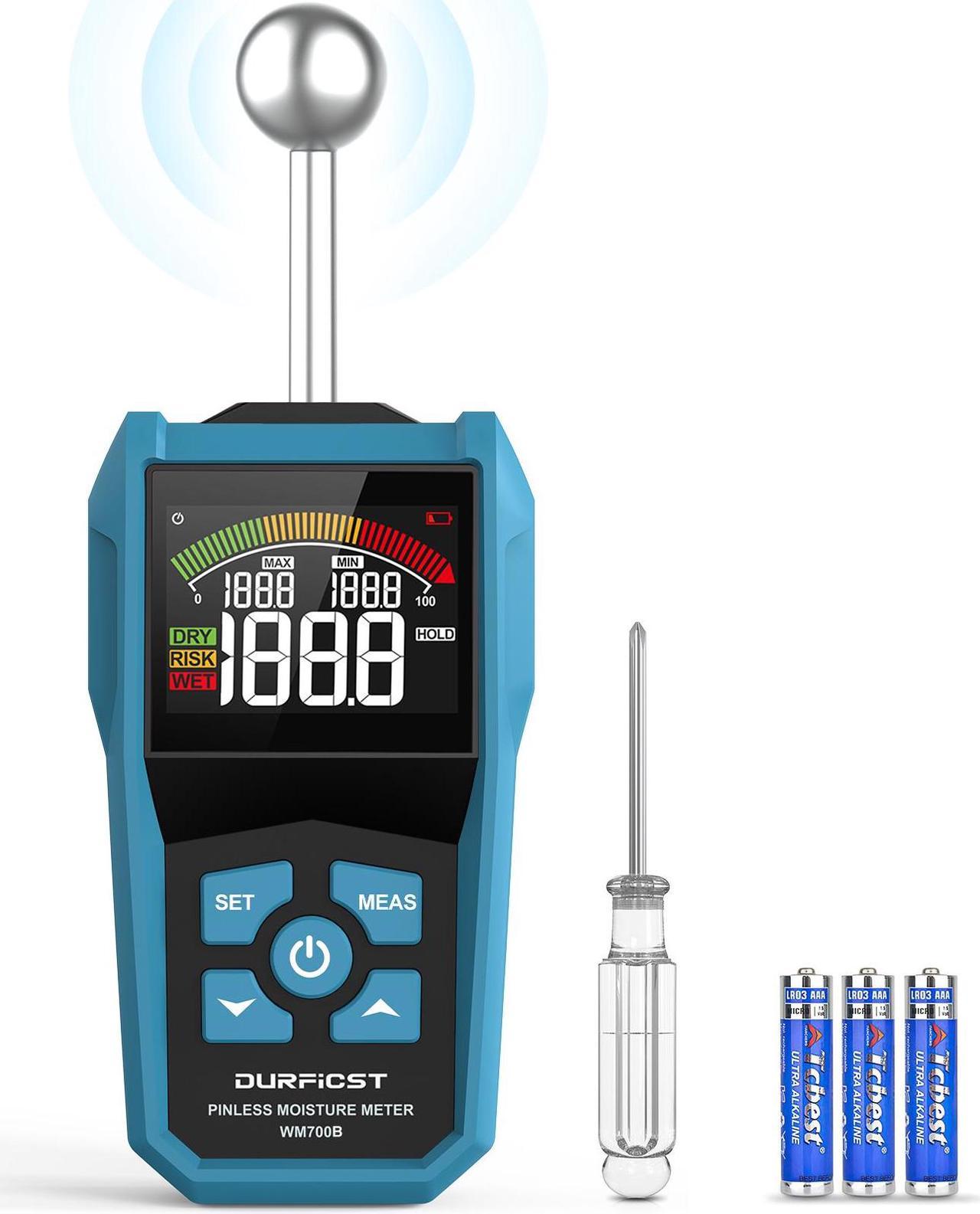 DURFICST Pinless Moisture Meter ,Wood Moisture Meter with Colour LCD Display and Audible Alarm, Moisture Reader for All Building Materials, Wood, Wall, Plaster, Masonry