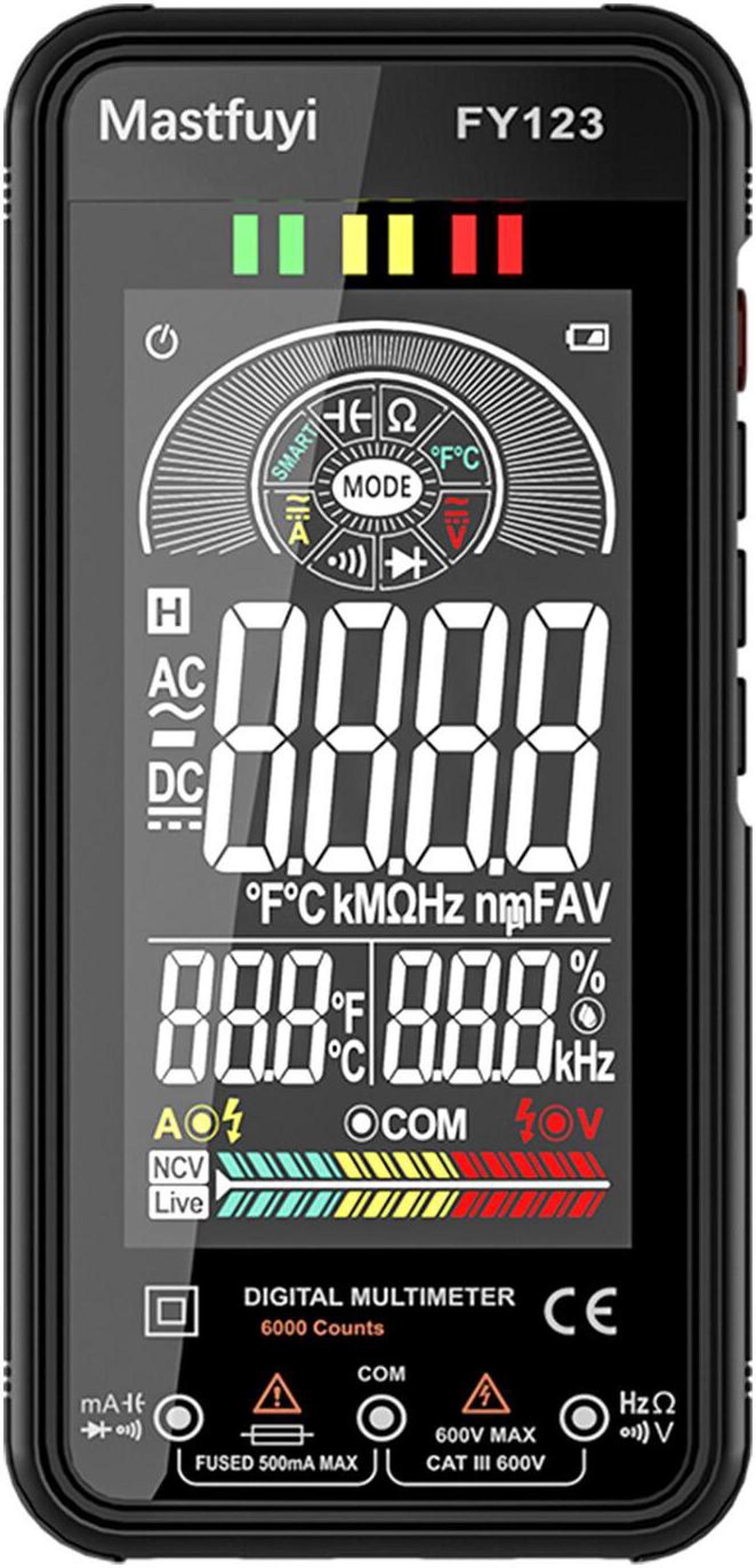 DURFICST FY123 Multimeter 6000 Counts True RMS Smart Digital Multimeter 600V AC/DC Voltage Current Resistance Continuity Capacitance Frequency Ambient Temperature Diode NCV Live Wire Tester with LCD