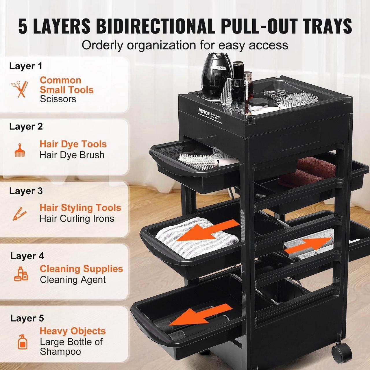 Alt view image 2 of 14 - VEVOR Beauty Salon Trolley Cart, Plastic Salon Rolling Cart for Stylist with 5 Removable Drawers & Dryer Holder, Rolling Hairdressing Cart with 4 Wheels (2 Lockable) for Beauty SPA Barbershop