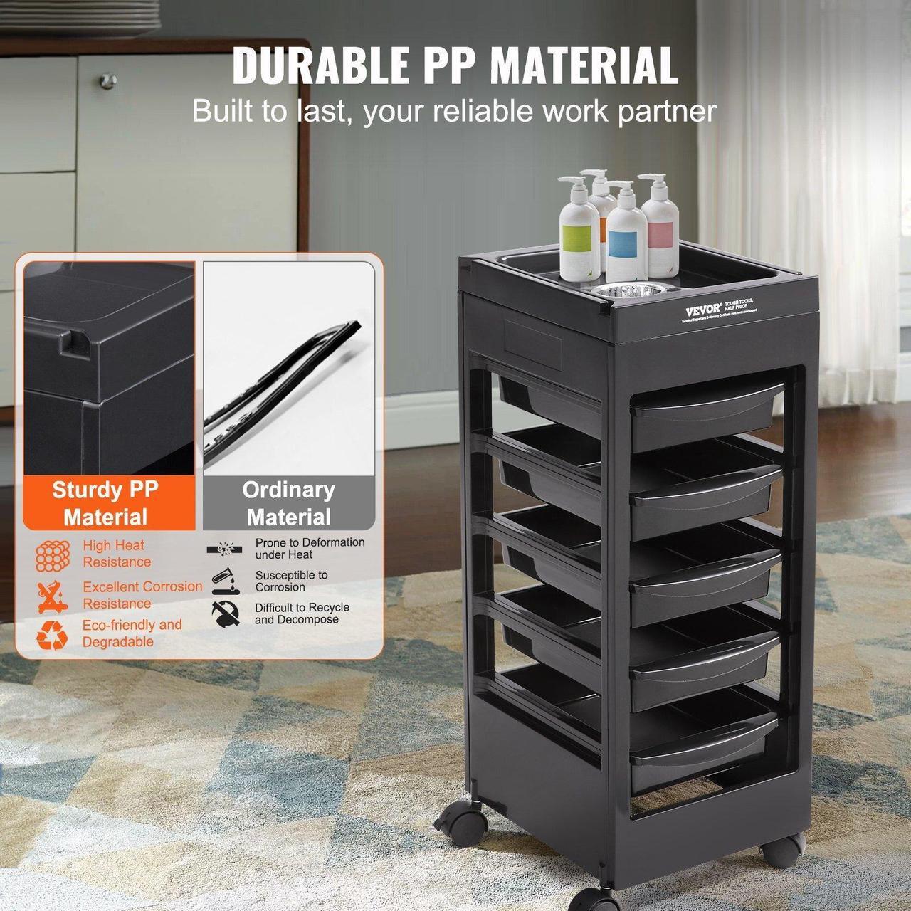 Alt view image 3 of 14 - VEVOR Beauty Salon Trolley Cart, Plastic Salon Rolling Cart for Stylist with 5 Removable Drawers & Dryer Holder, Rolling Hairdressing Cart with 4 Wheels (2 Lockable) for Beauty SPA Barbershop