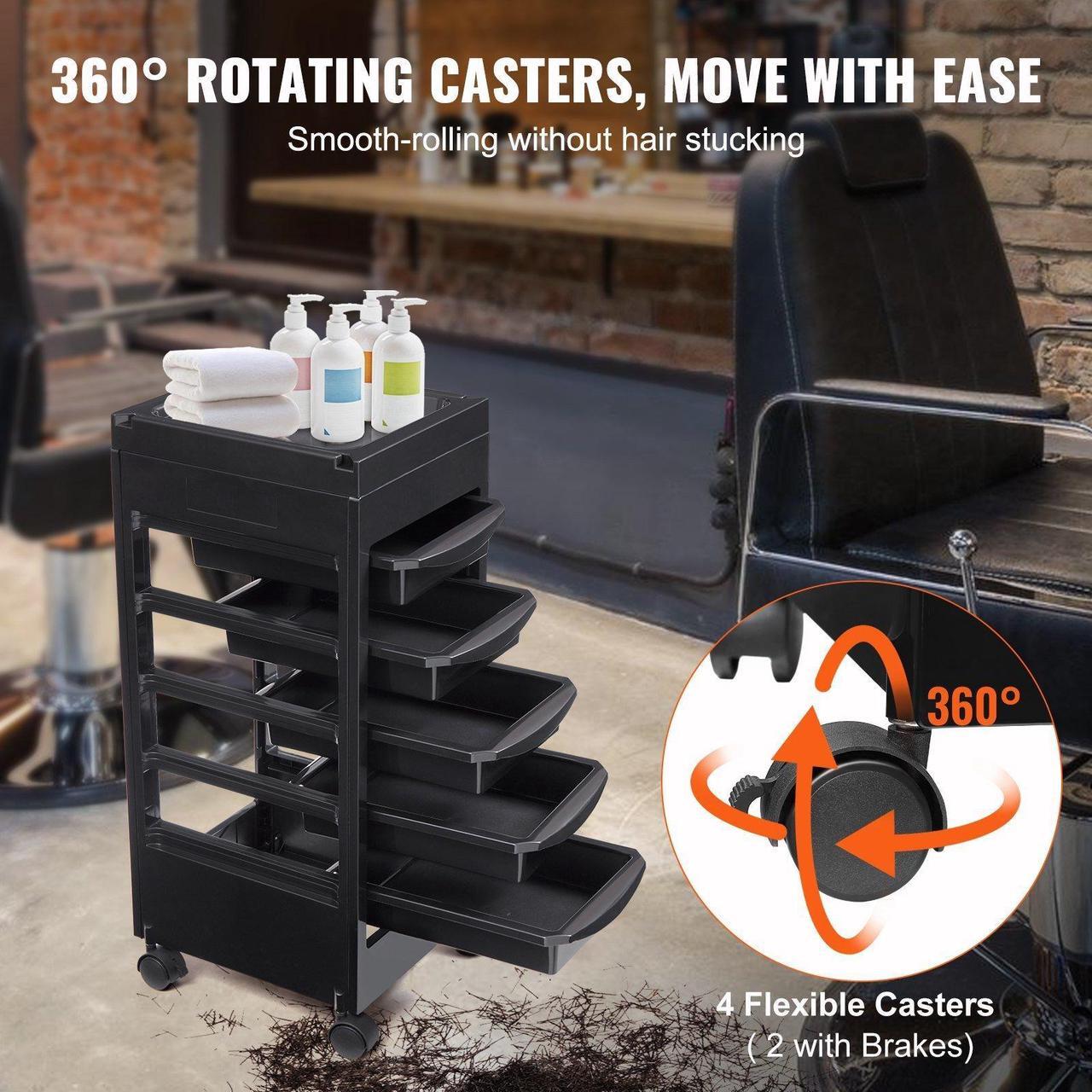 Alt view image 4 of 14 - VEVOR Beauty Salon Trolley Cart, Plastic Salon Rolling Cart for Stylist with 5 Removable Drawers & Dryer Holder, Rolling Hairdressing Cart with 4 Wheels (2 Lockable) for Beauty SPA Barbershop