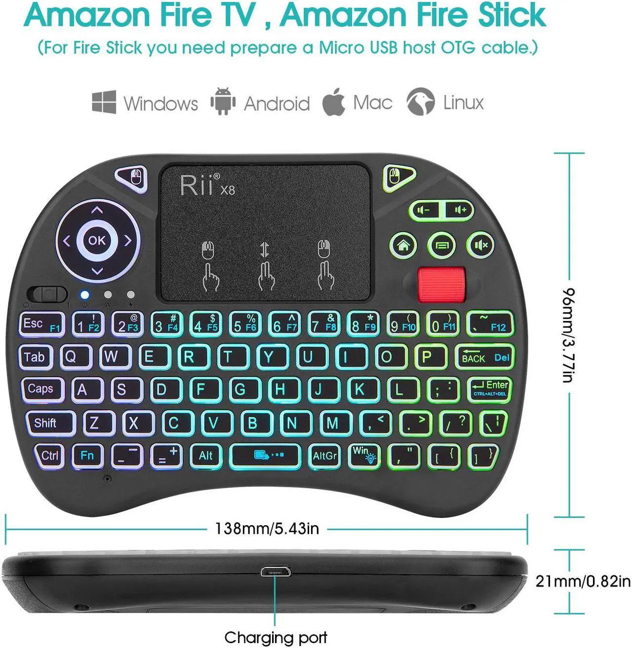 Alt view image 2 of 7 - Rii X8 Mini Keyboard,2.4GHz Portable Wireless Keyboard with Touchpad Mouse,RGB Backlit,Rechargeable Battery for Android TV Box/Mac/PC/Nvidia Shield