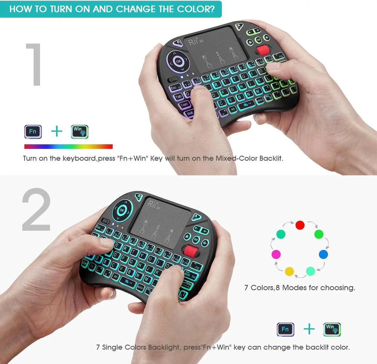 Alt view image 4 of 7 - Rii X8 Mini Keyboard,2.4GHz Portable Wireless Keyboard with Touchpad Mouse,RGB Backlit,Rechargeable Battery for Android TV Box/Mac/PC/Nvidia Shield