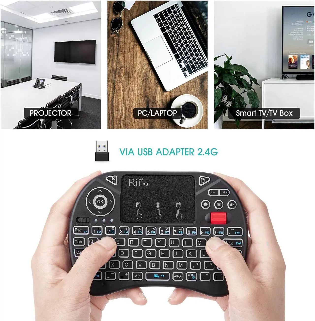 Alt view image 6 of 7 - Rii X8 Mini Keyboard,2.4GHz Portable Wireless Keyboard with Touchpad Mouse,RGB Backlit,Rechargeable Battery for Android TV Box/Mac/PC/Nvidia Shield