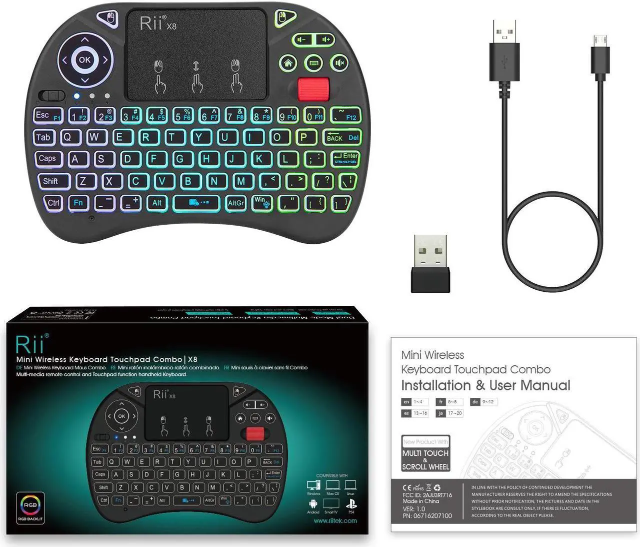Alt view image 7 of 7 - Rii X8 Mini Keyboard,2.4GHz Portable Wireless Keyboard with Touchpad Mouse,RGB Backlit,Rechargeable Battery for Android TV Box/Mac/PC/Nvidia Shield