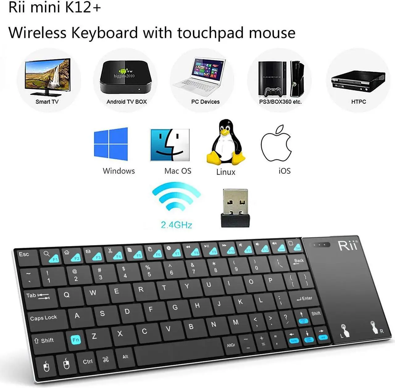 Alt view image 2 of 6 - Rii mini i12+ Wireless Mini Keyboard with Touchpad mouse for PC Tablet Android TV BOX