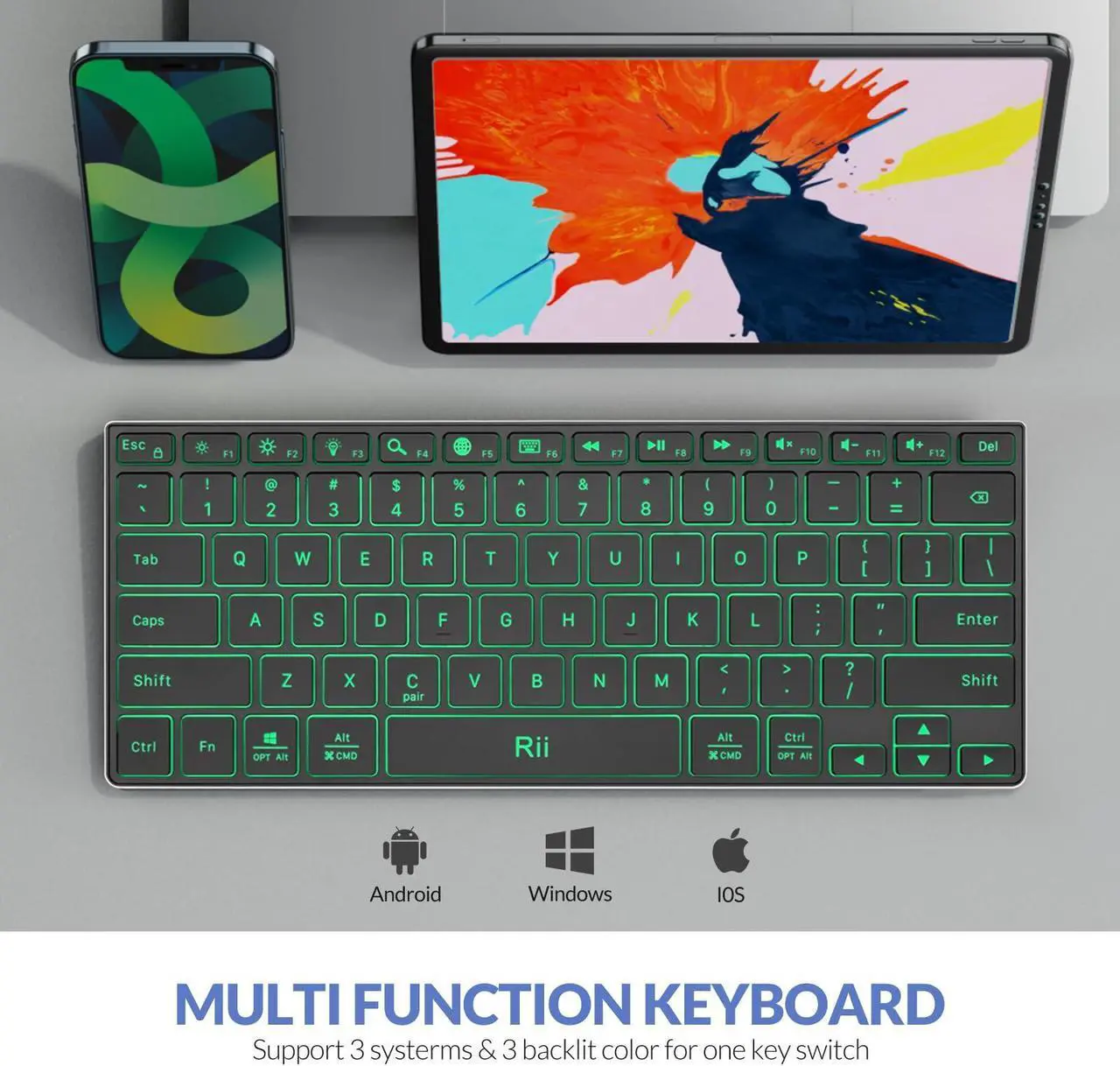 Alt view image 2 of 7 - Rii Bluetooth Keyboard X9,Wireless Keyboard with RGB Backlit, Rechargeable Keyboard with Aluminium Alloy Case for iPad 10th, iPad Pro, iPad Mini, iPad Air,Tablet,Surface,PC,Laptop